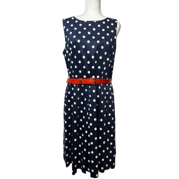 Tahari By Asl Pleated Polka Dot Dress Red White Blue W/ Belt Sleeveless Size 14 - Picture 2 of 10